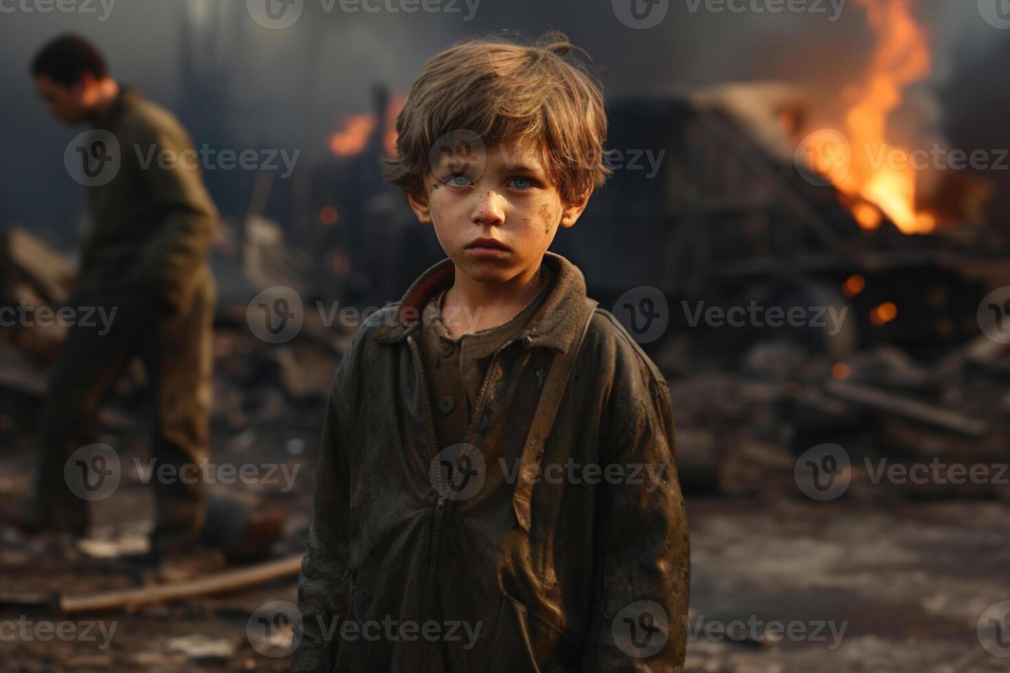 AI generated Child boy at war, sad orphan in dirty clothes standing on a destroyed street and looking at camera photo