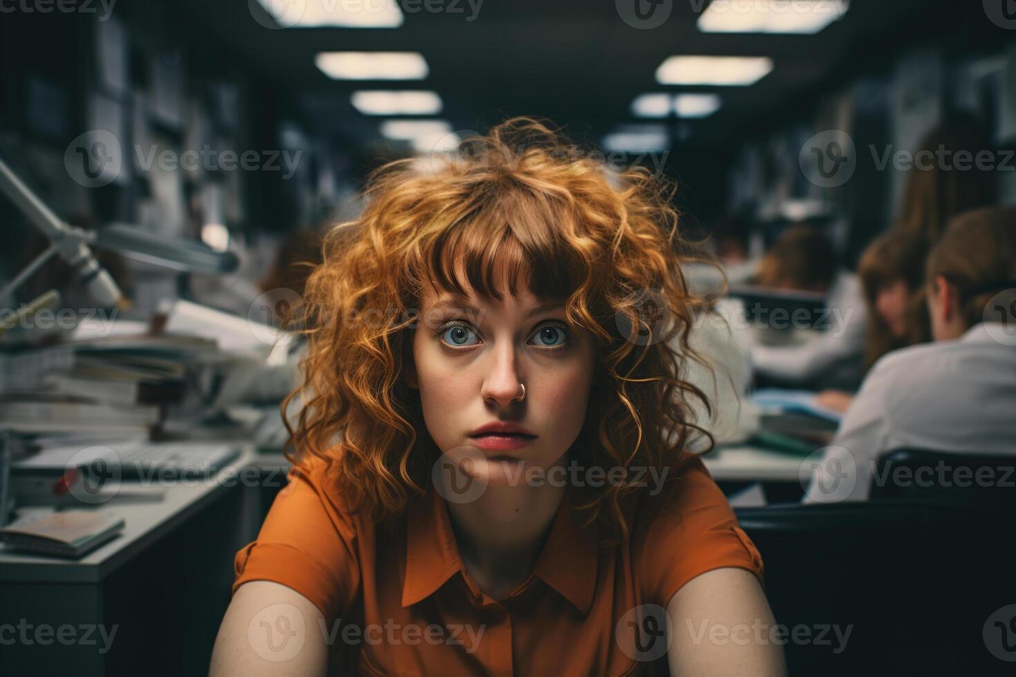 AI generated Burnout at work or deadline. Shocked young woman office worker or accountant sitting at workplace and looking at camera in surprise photo