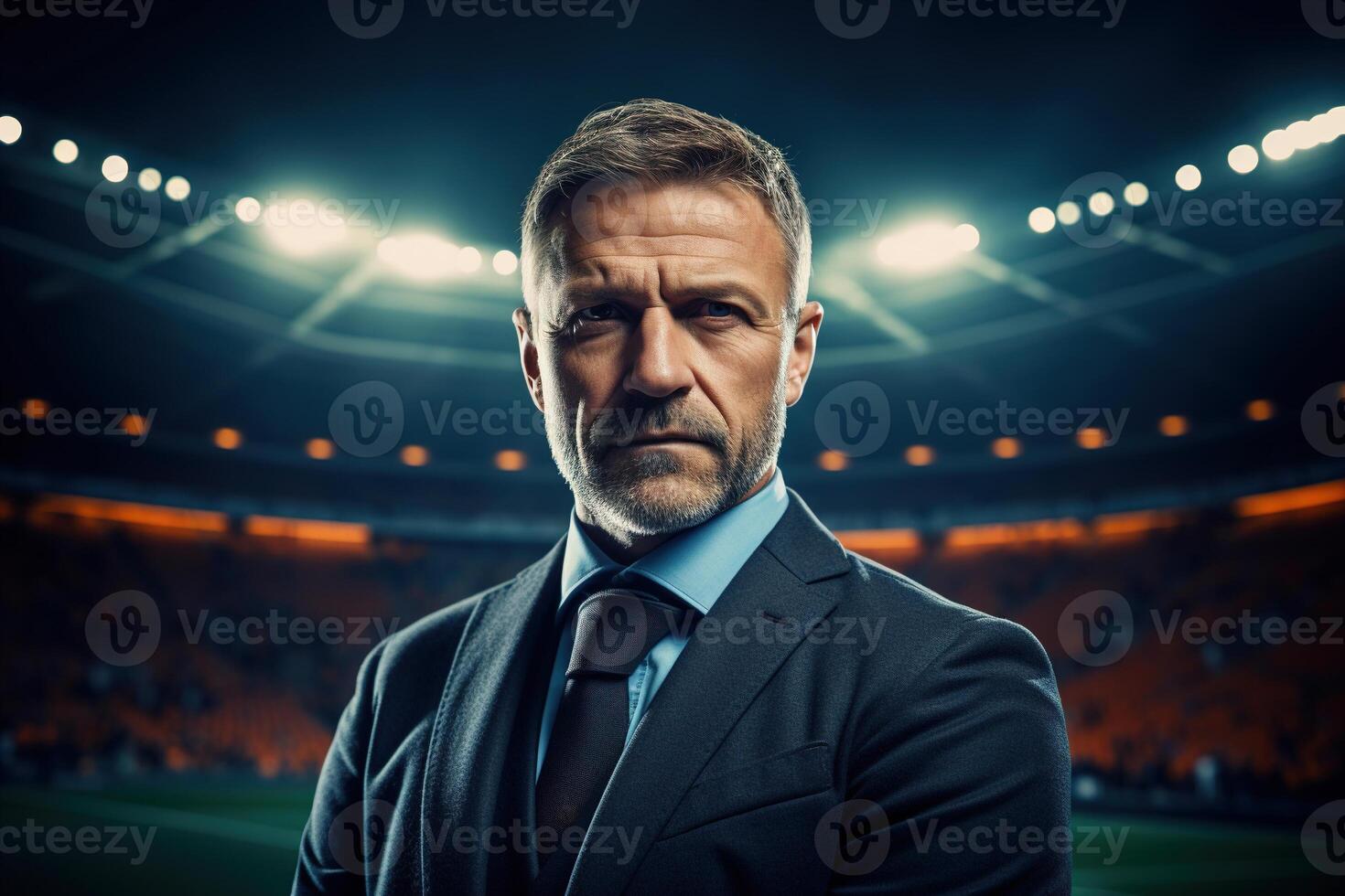 AI generated Portrait of a handsome serious middle-aged man football coach manager in a suit standing at stadium photo