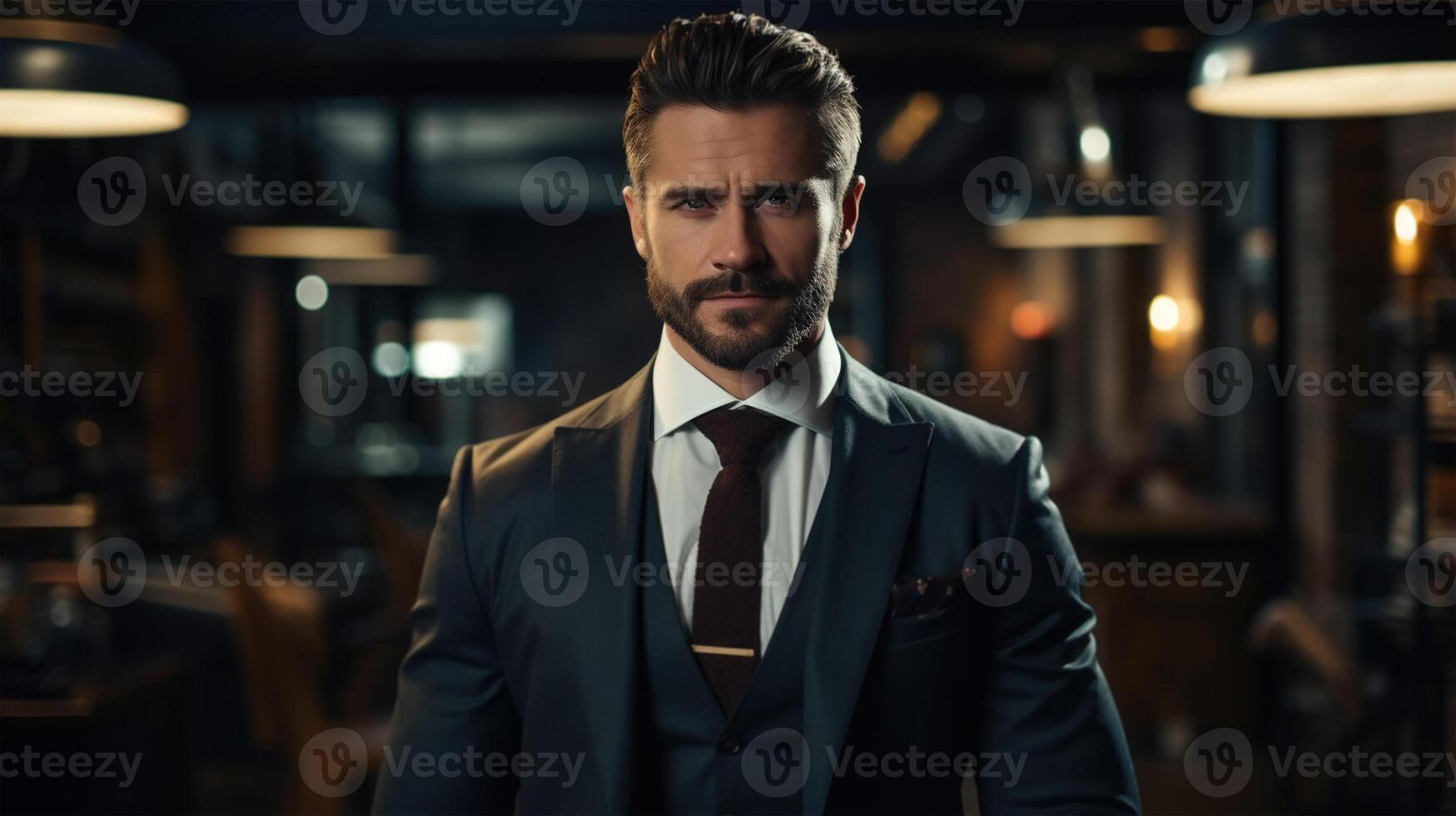 ai generado masculino negocio retrato, hermoso confidente empresario en oficina. elegante hombre en un traje en pie dentro costoso interiores y mirando a cámara foto