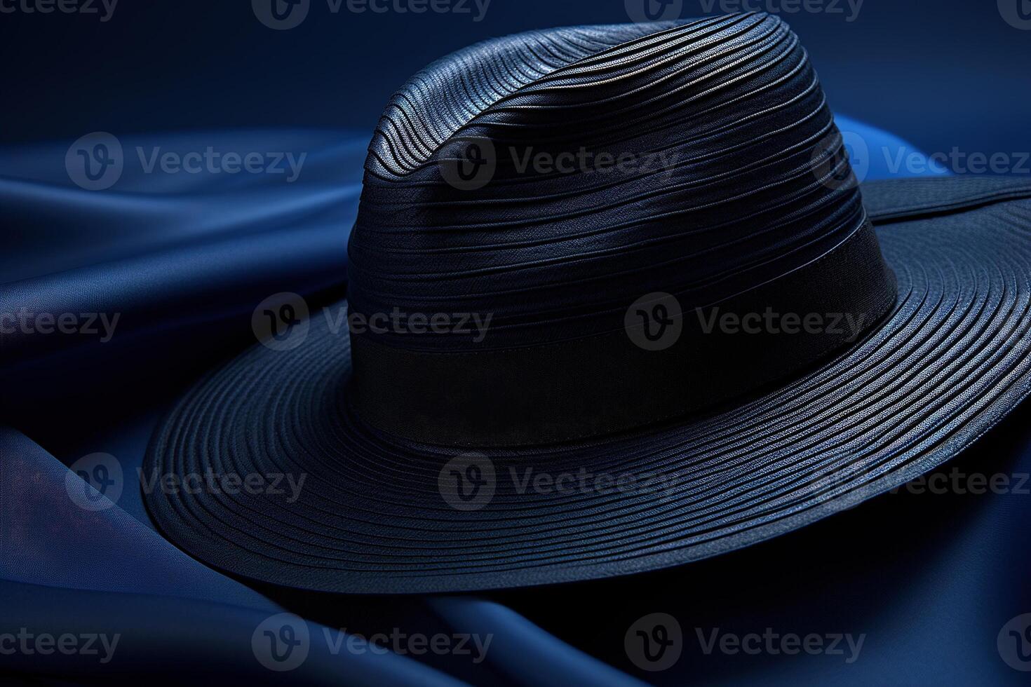 AI generated Dark elegant hat on a blue fabric, close-up photo