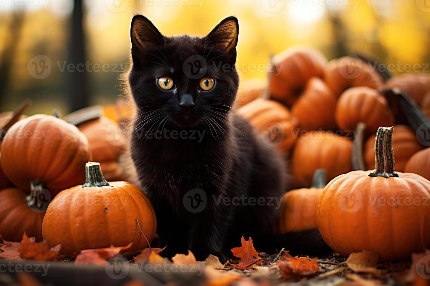 AI generated Cute black kitten and orange pumpkins in autumn forest, funny pet sitting outdoors looking at camera. Halloween and October concept photo