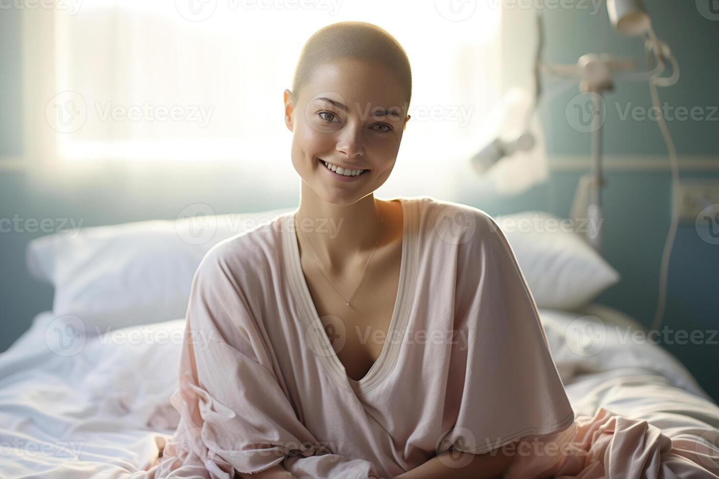 ai generado tumor cáncer enfermedad, quimioterapia concepto. positivo sonriente calvo hembra paciente en blanco sentado en cama en hospital habitación y mirando a cámara foto