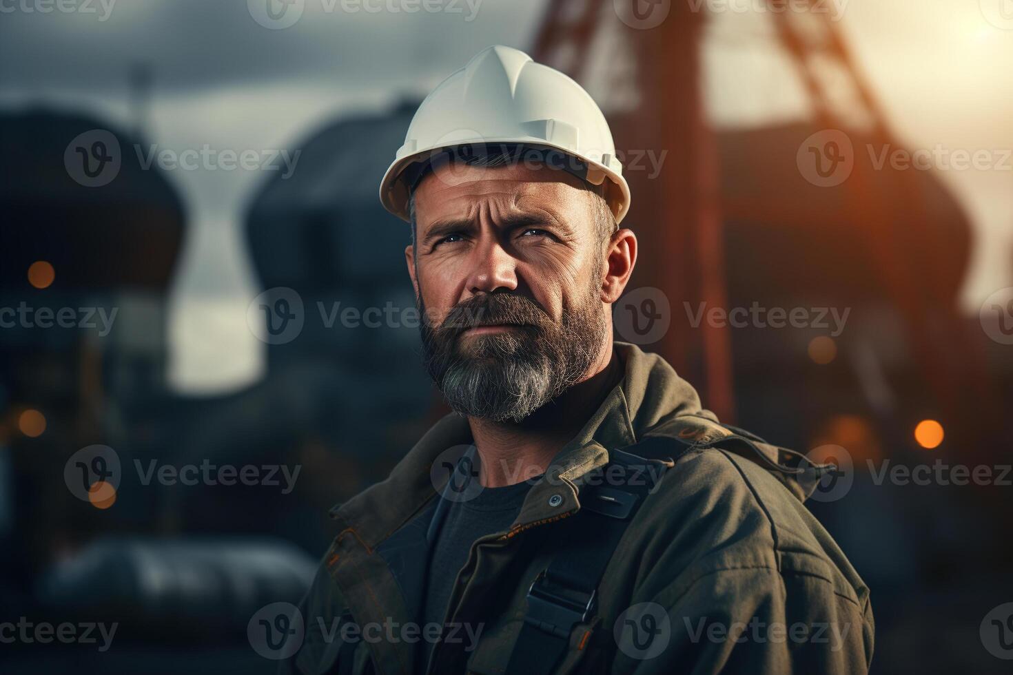 AI generated Portrait of a serious concentrated adult man wearing a hard hat against the backdrop of an industrial factory outdoors and looking away photo