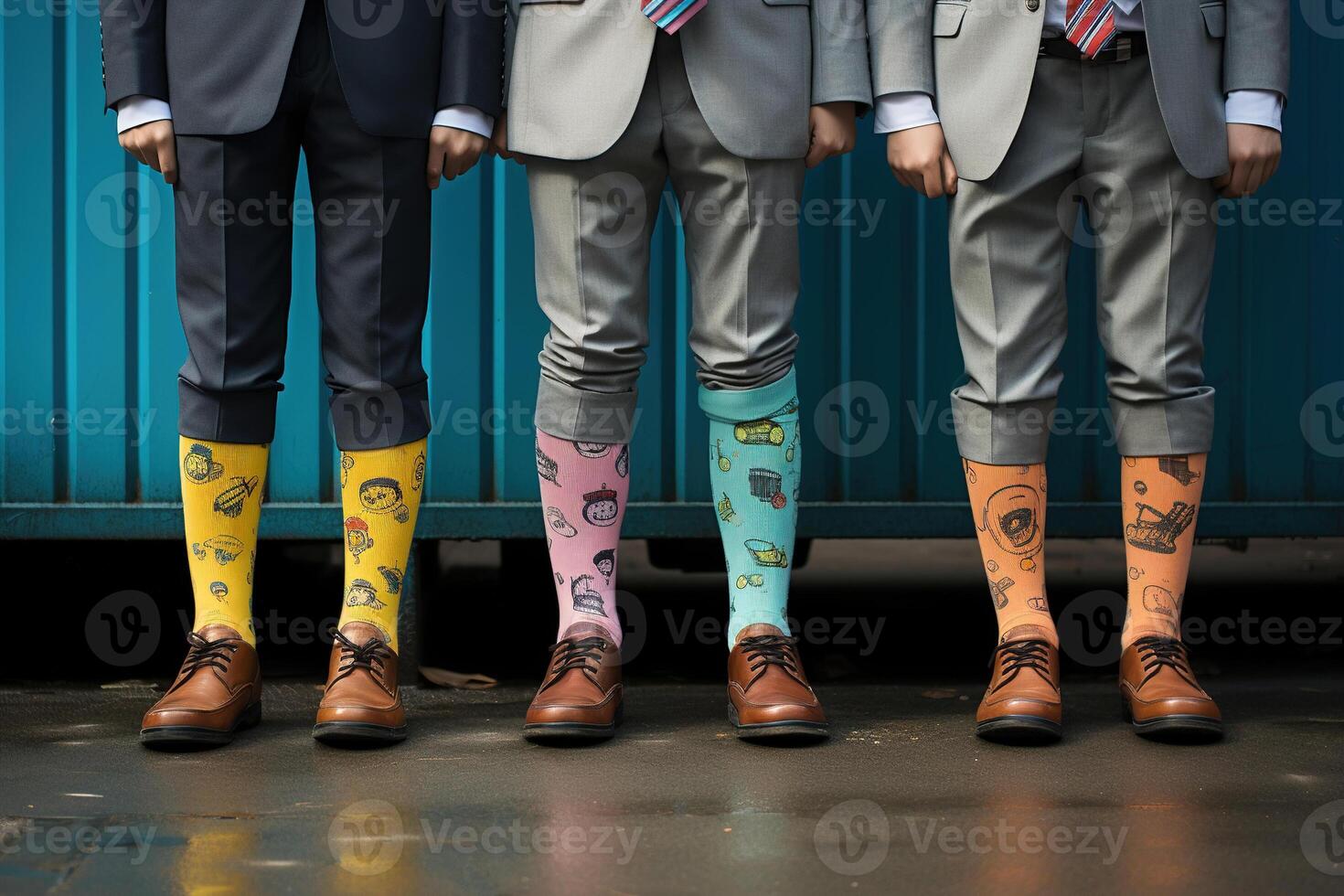 AI generated Weird socks day, anti-bullying week social concept. Close-up of a man in suits wearing funny colored socks standing outdoors photo