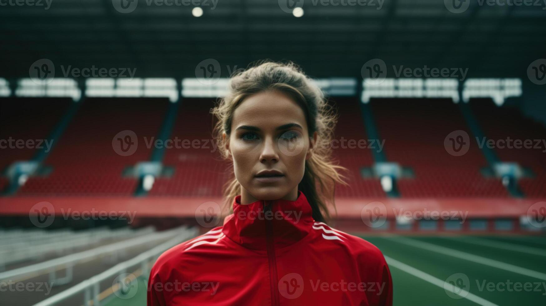 ai generado grave motivado adulto hembra atleta en ropa de deporte en pie a el estadio y mirando a cámara foto