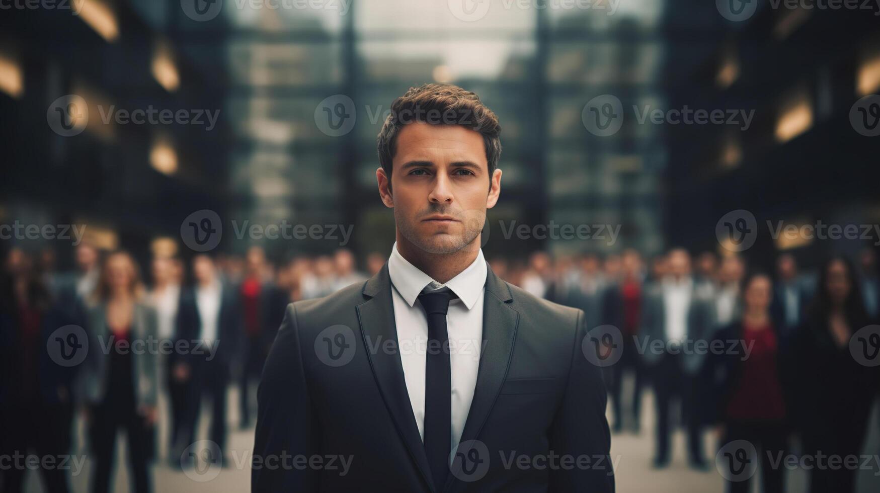 AI generated Portrait of serious businessman in suit standing in business district against backdrop of crowd of colleagues photo