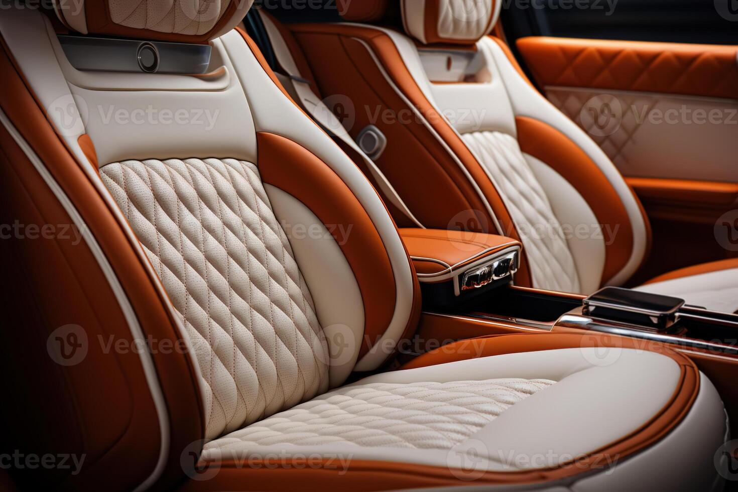 AI generated Salon of a modern car inside, orange-white seats. Side view, close-up, selective focus photo