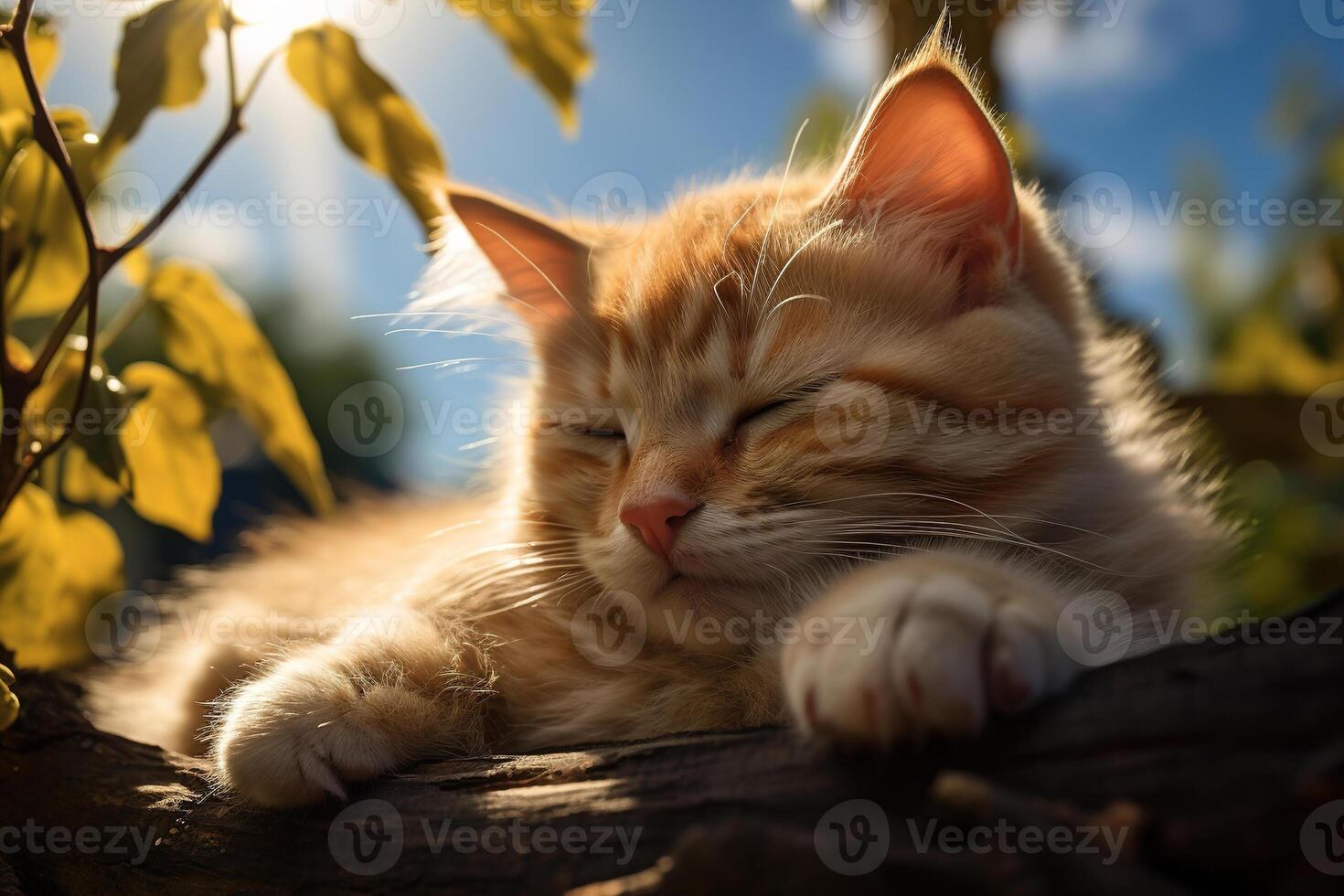 AI generated Close-up of a cute ginger kitten sleeping outdoors, cat lying on a tree branch on a sunny day photo