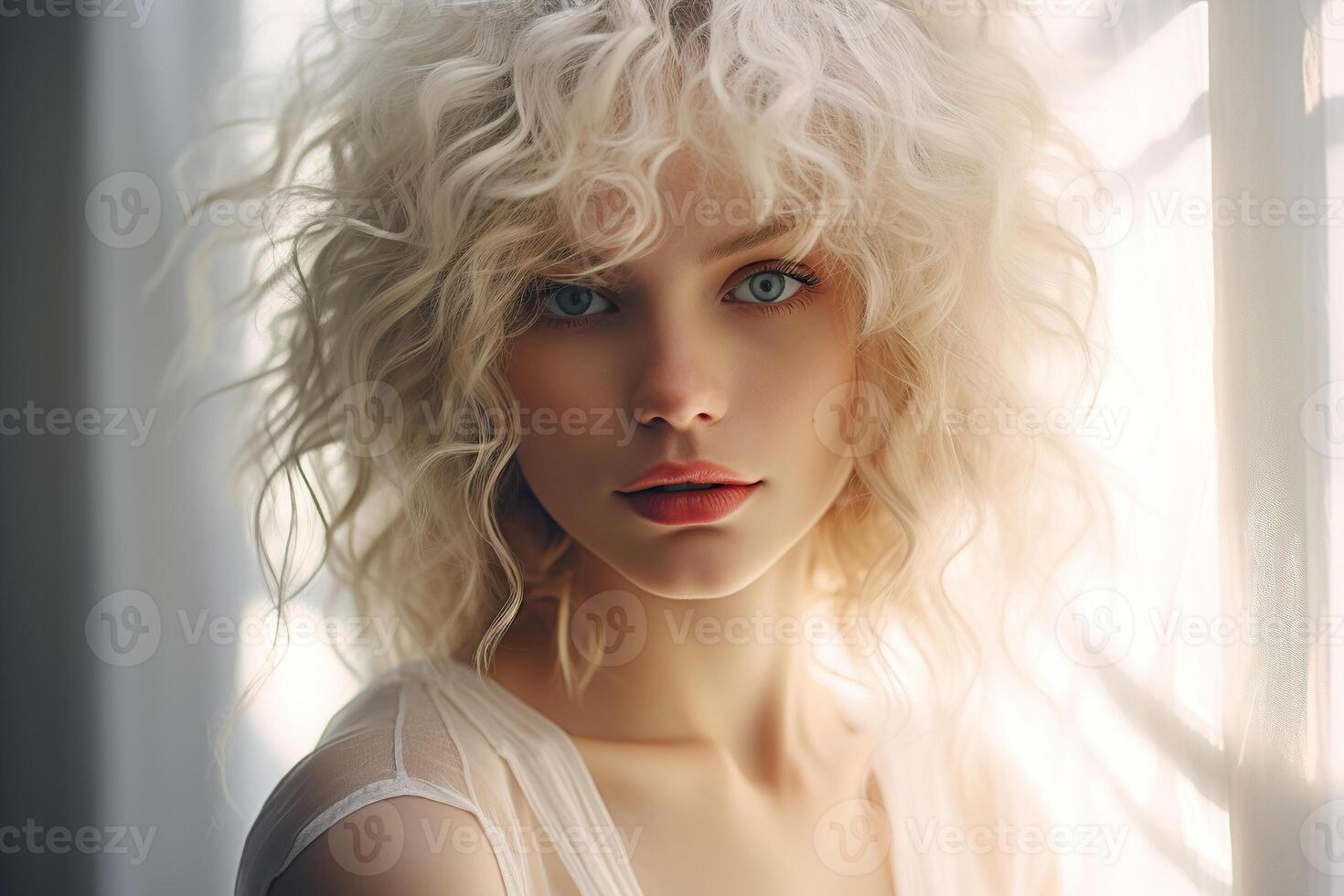 AI generated Femininity, female natural beauty cosmetics concept. Portrait of an attractive caucasian model young blonde woman with clean skin looking at camera photo