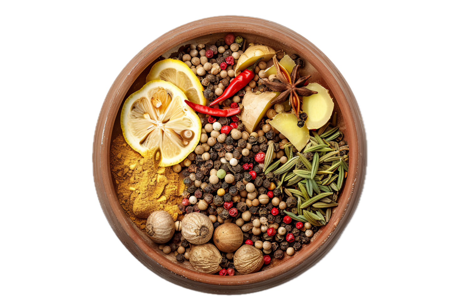 AI generated Assorted Spices in Terracotta Bowl Top View png