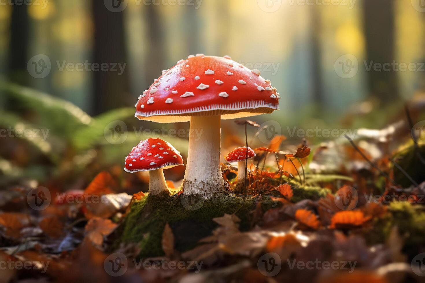 AI generated Close-up of poisonous red fly agaric mushrooms growing in forest photo