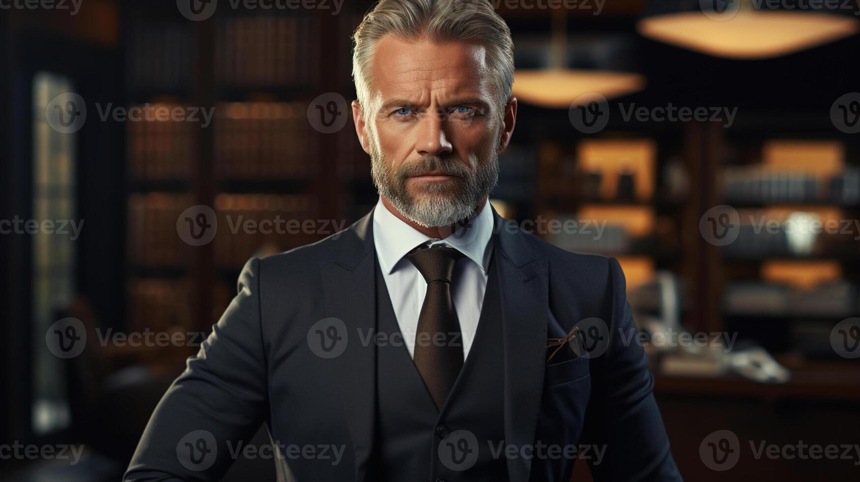 AI generated Serious businessman in office, a stylish middle-aged man in a suit standing inside expensive interiors and looking at camera. Male business portrait photo