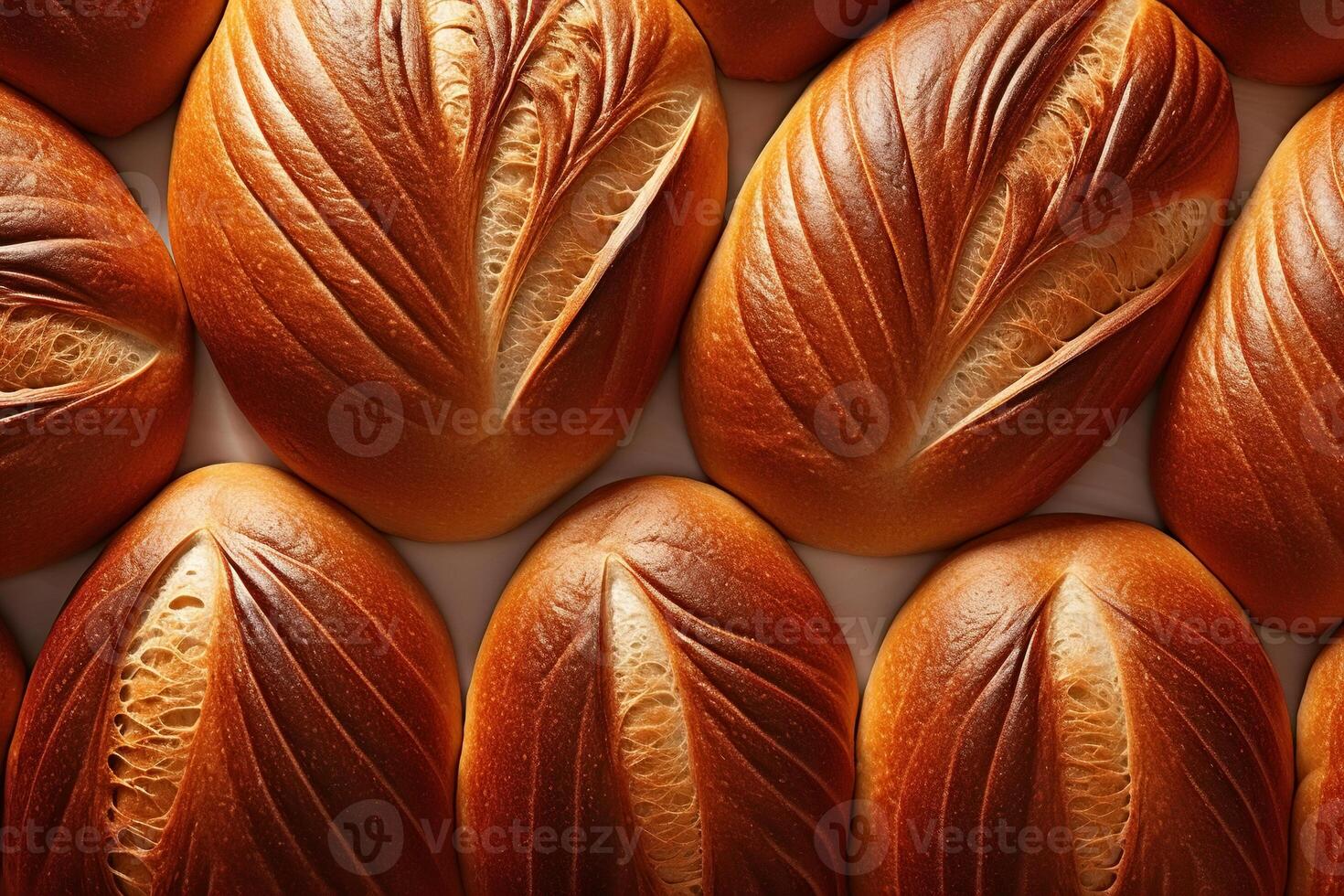 AI generated Top view fresh baked golden bread with crust, close-up pattern photo