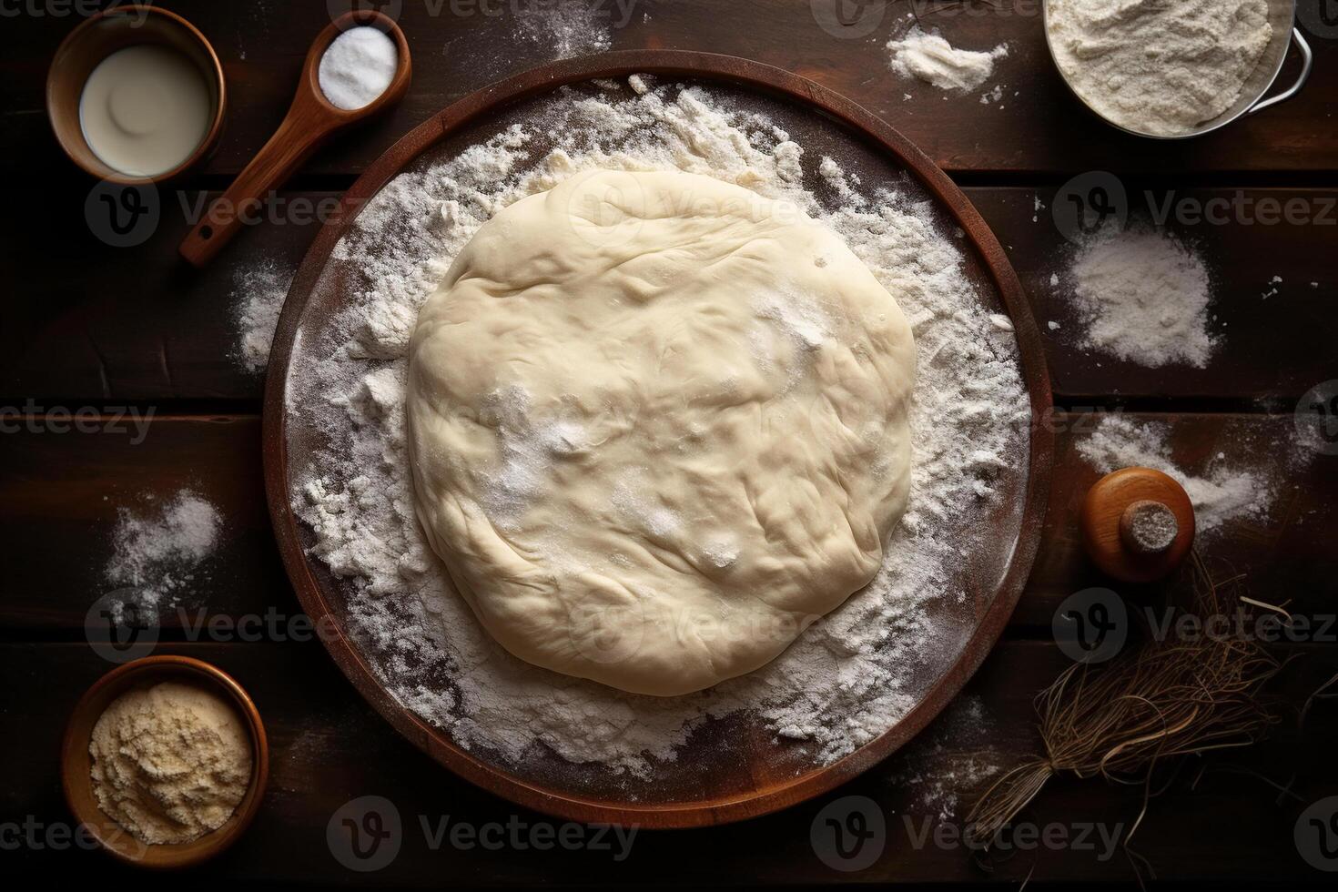 AI generated Cooking, top view dough and ingredients on a wooden dark table photo