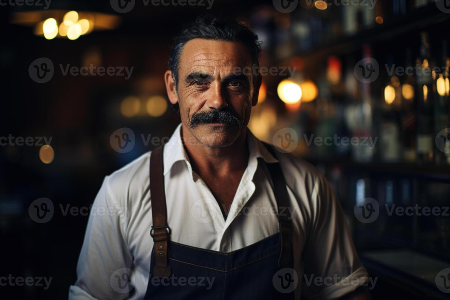 AI generated Handsome middle aged man bartender standing at bar and looking at camera photo