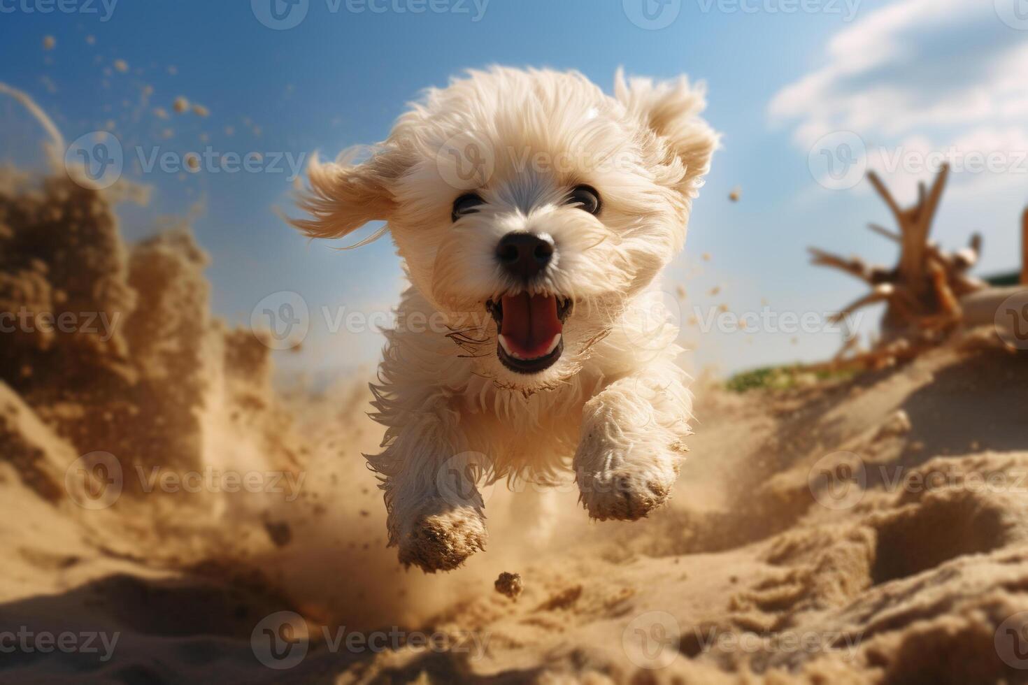 AI generated Cheerful funny playful dog running on sand, white pet on beach on sunny day wide angle view photo