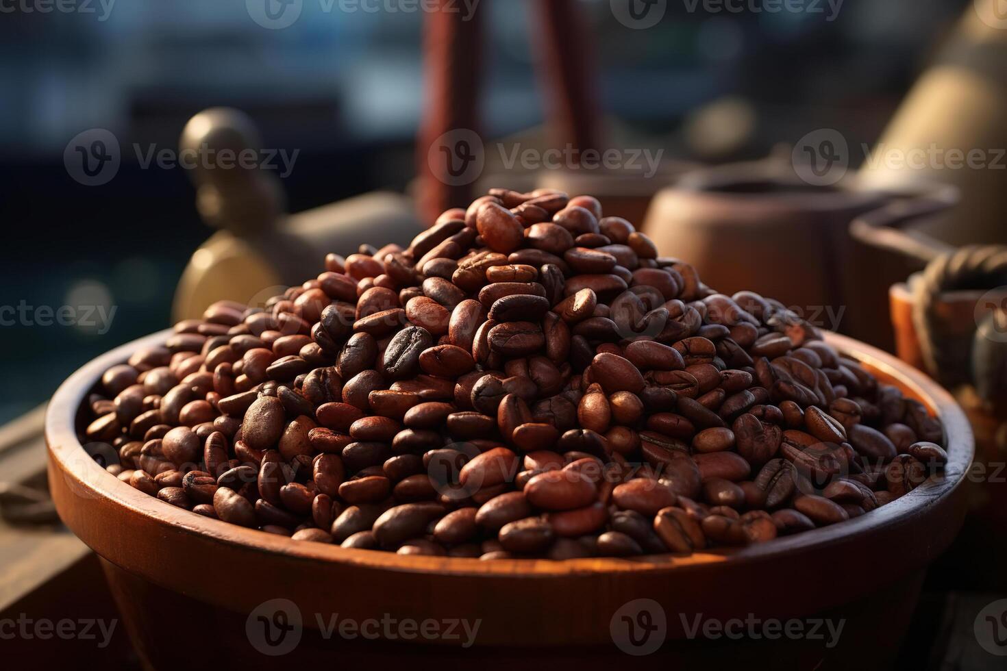 AI generated Close-up of brown coffee beans in a wooden cup photo
