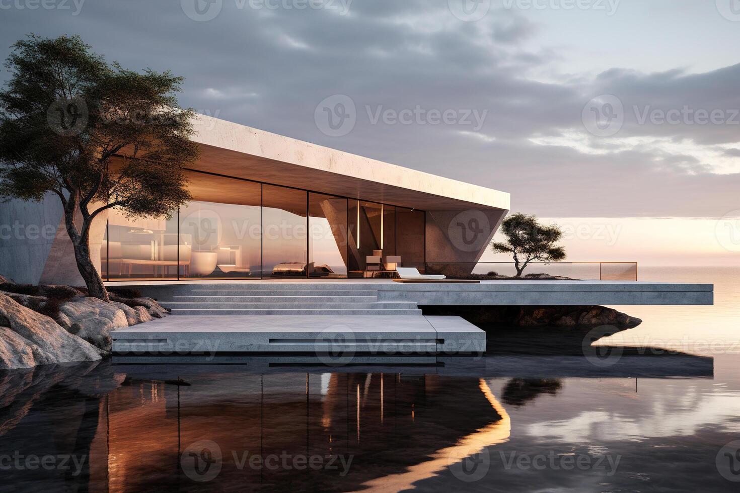 AI generated Villa building on the water. Exterior modern white stone lake house, minimalist architecture design photo