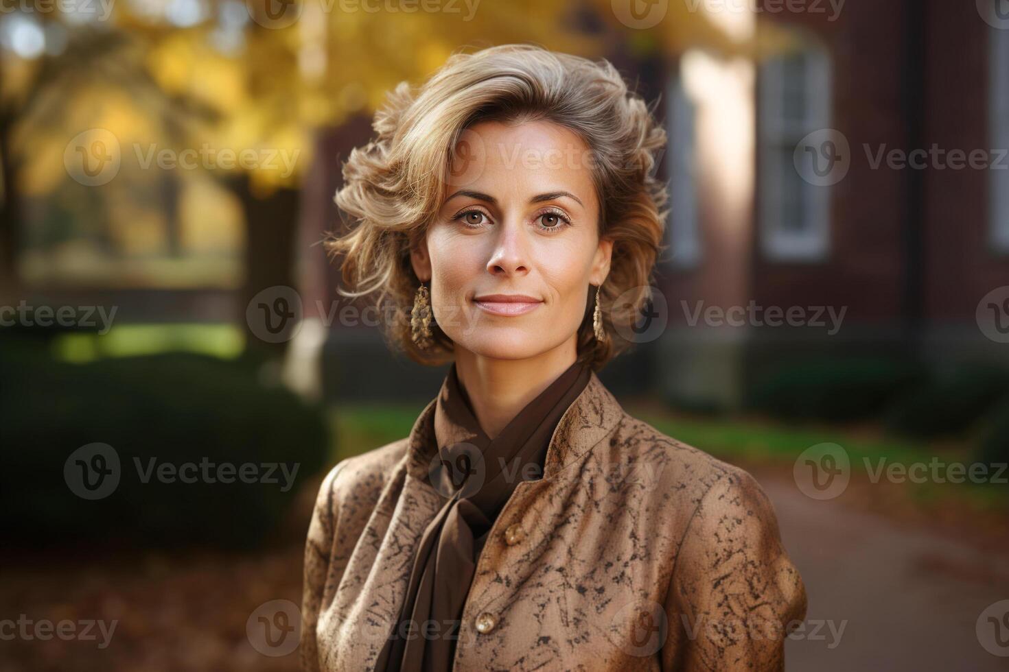 AI generated Portrait of an elegant beautiful middle aged woman in preppy aesthetic English style clothes standing outdoors against background of house, looking at camera photo