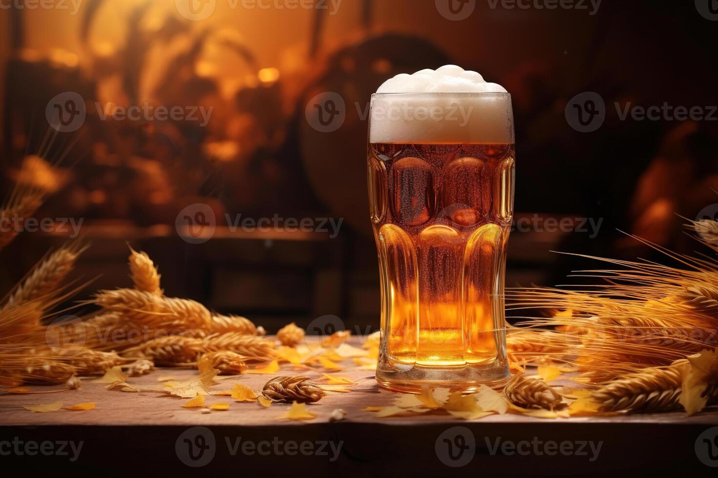 AI generated Glass of foamy beer and ears of wheat, alcohol still life with copy space photo