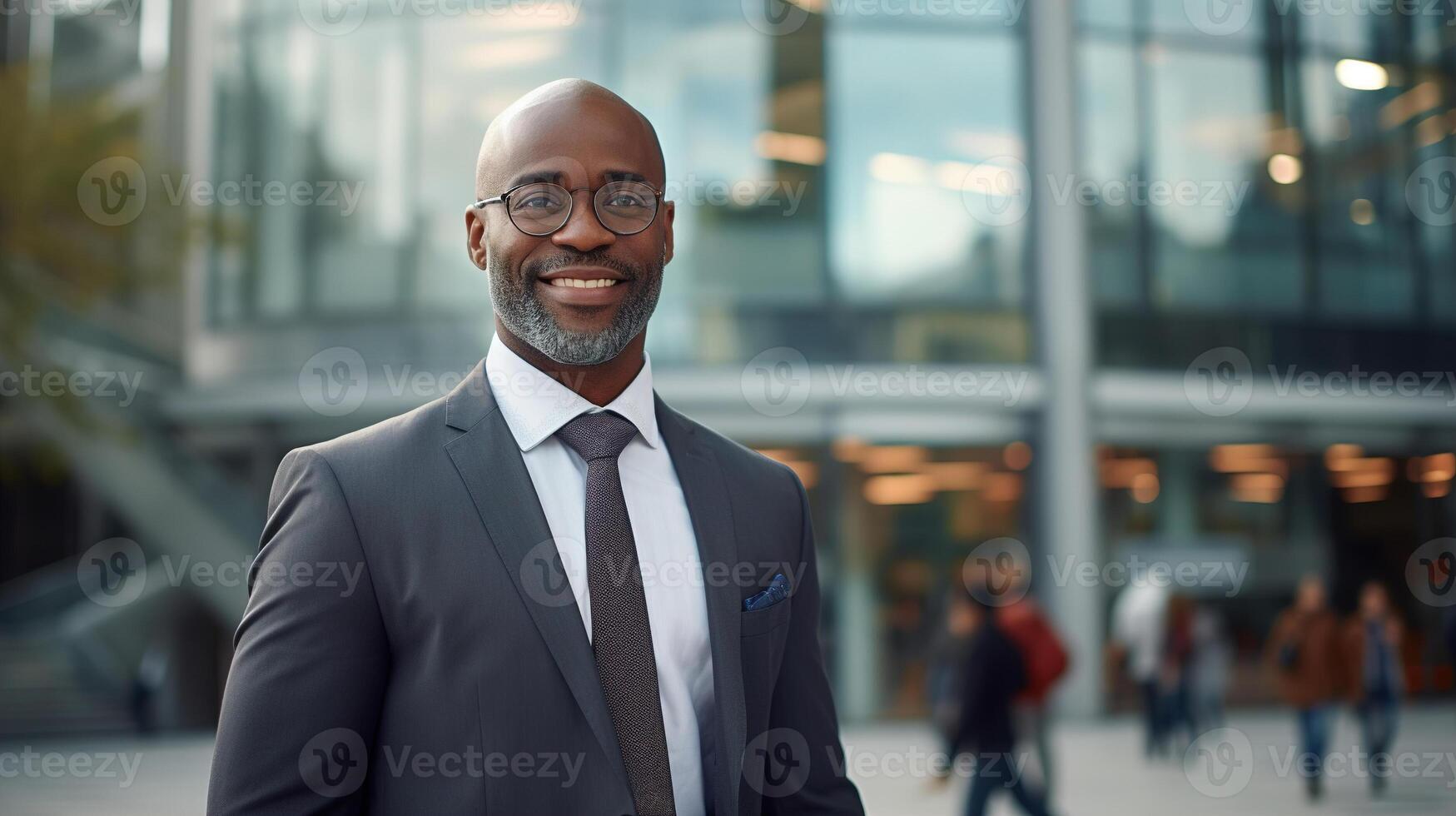 AI generated Male business portrait lifestyle. Smiling adult successful African American businessman in suit, manager or office worker standing outdoors against skyscraper background photo