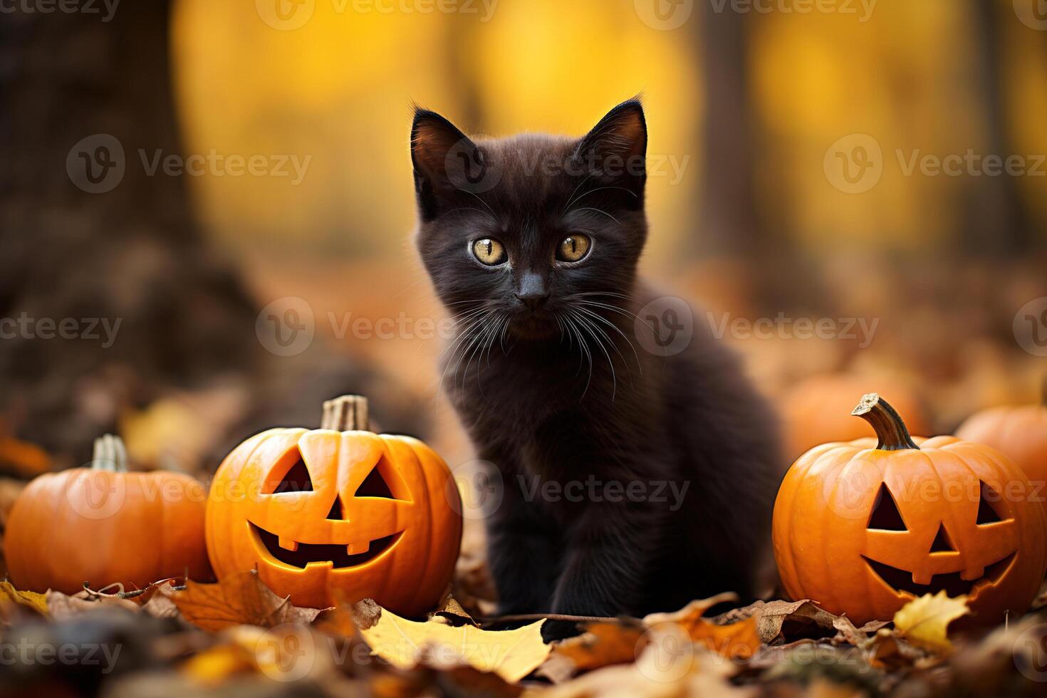 AI generated Cute black kitten and orange halloween decorated pumpkins in autumn forest photo