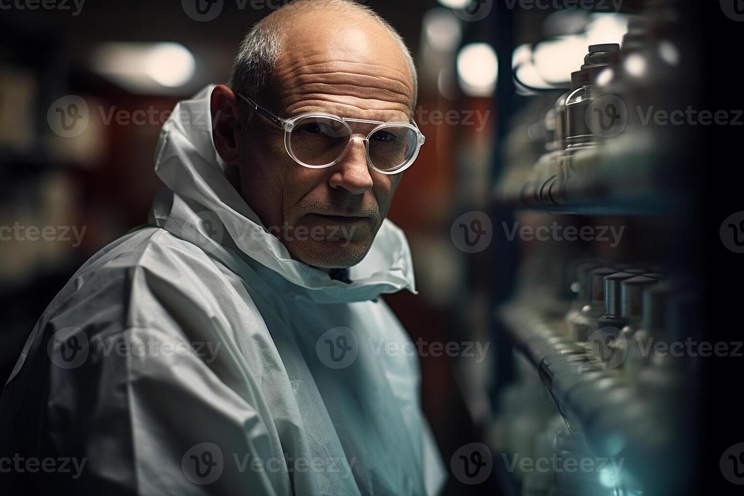AI generated Scientist doctor wearing glasses and white protective medical suit in laboratory, virologist looking at camera photo