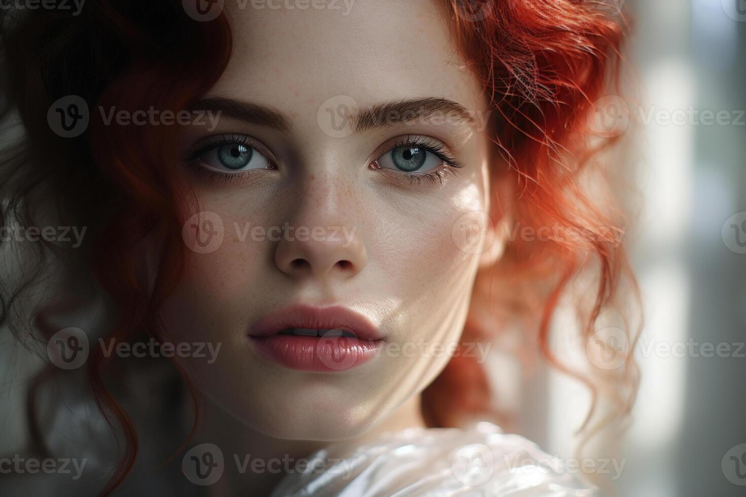 AI generated Headshot portrait of a pretty young woman model with red hair standing indoors by window and looking at camera photo