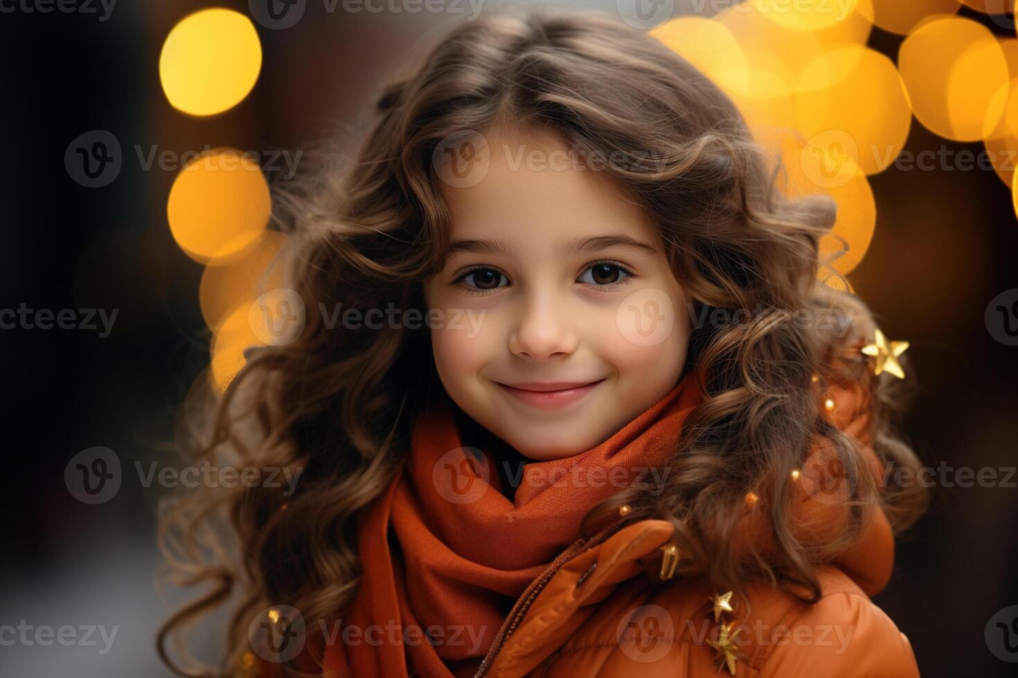 AI generated Portrait caucasian little smiling girl on festive background bokeh garland outdoors, happy new year photo