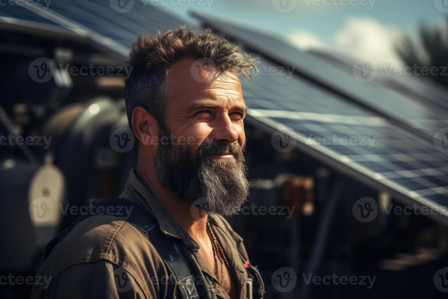 ai generado alternativa renovable eco energía. retrato de un sonriente adulto hombre en contra el antecedentes de solar paneles al aire libre foto