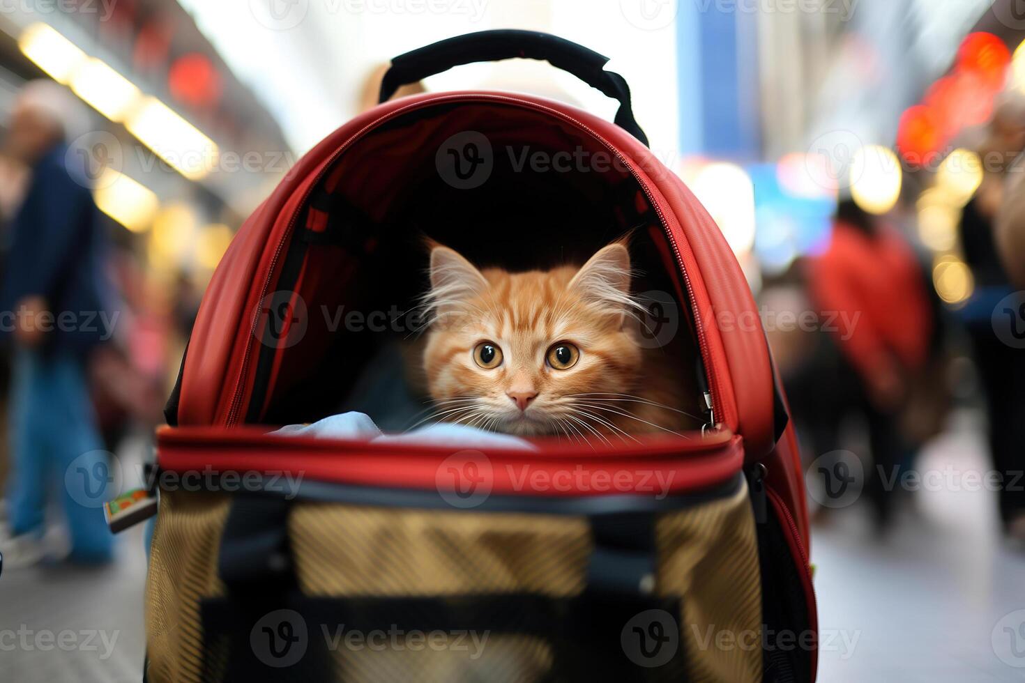 AI generated Cute pet ginger kitten peeking out of a carrying box outdoors, transporting an animal photo