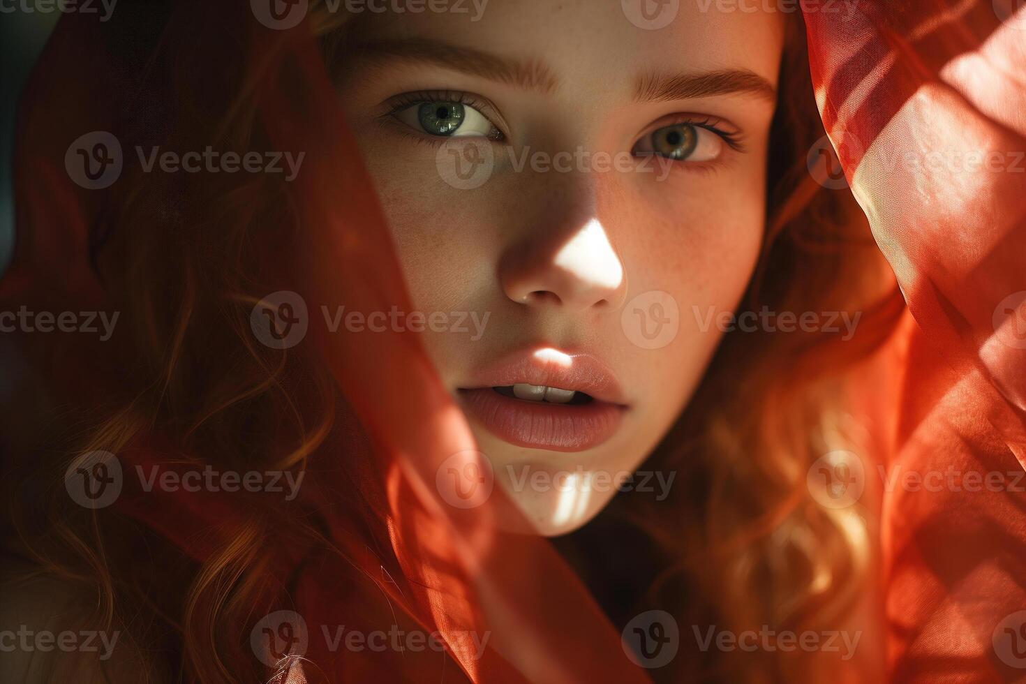 AI generated Feminine headshot portrait of a sensual young woman in a red headscarf looking at camera, sunlight photo