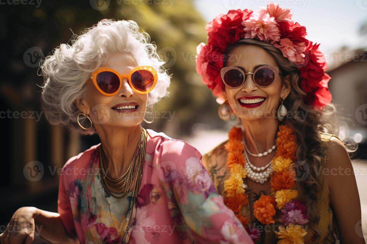 AI generated Portrait of old fashionable happy girlfriends together in hippie clothes outdoors. Positive old age friendship photo