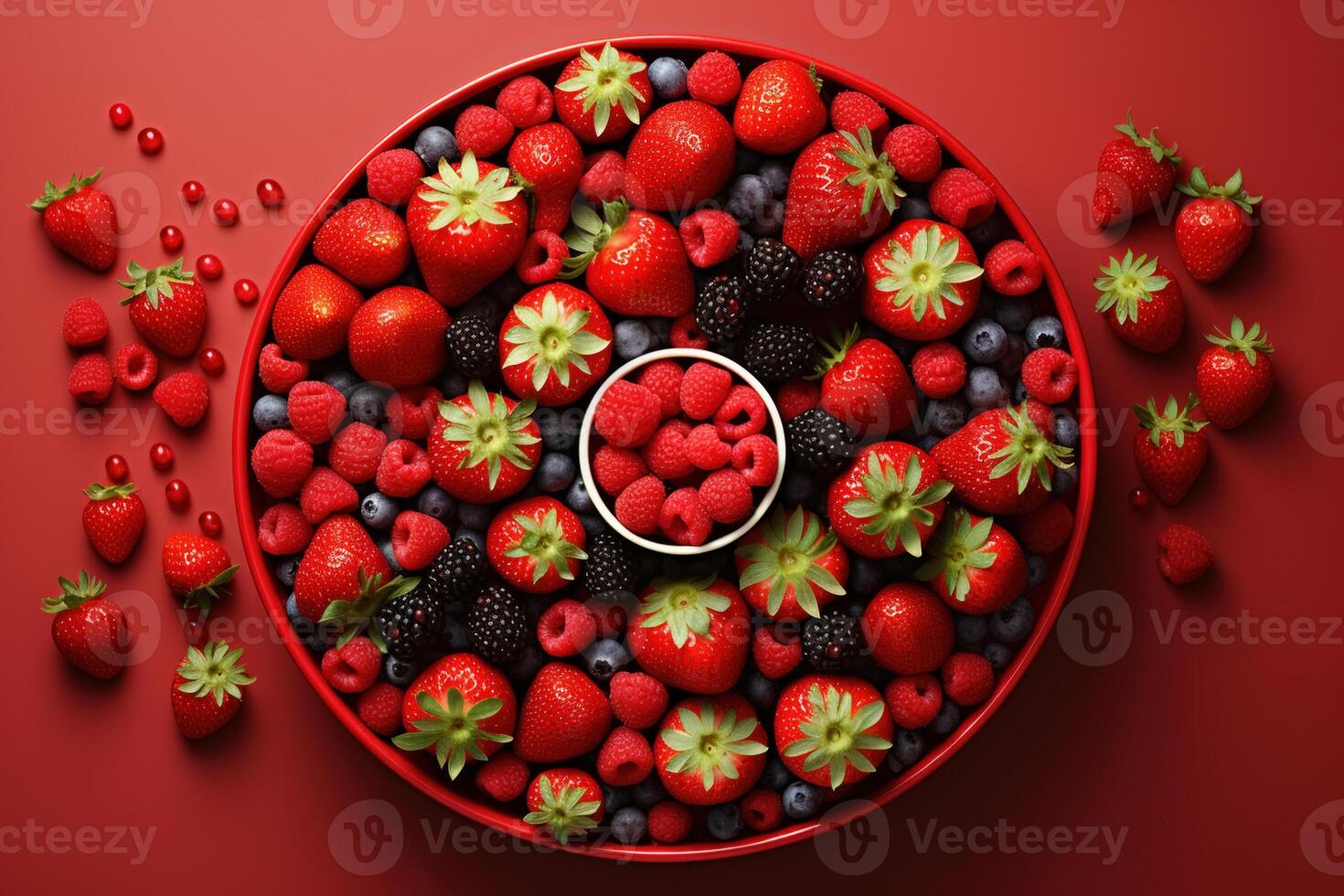 AI generated Top view fruit plate, cup with berries. Healthy proper vitamin nutrition food photo