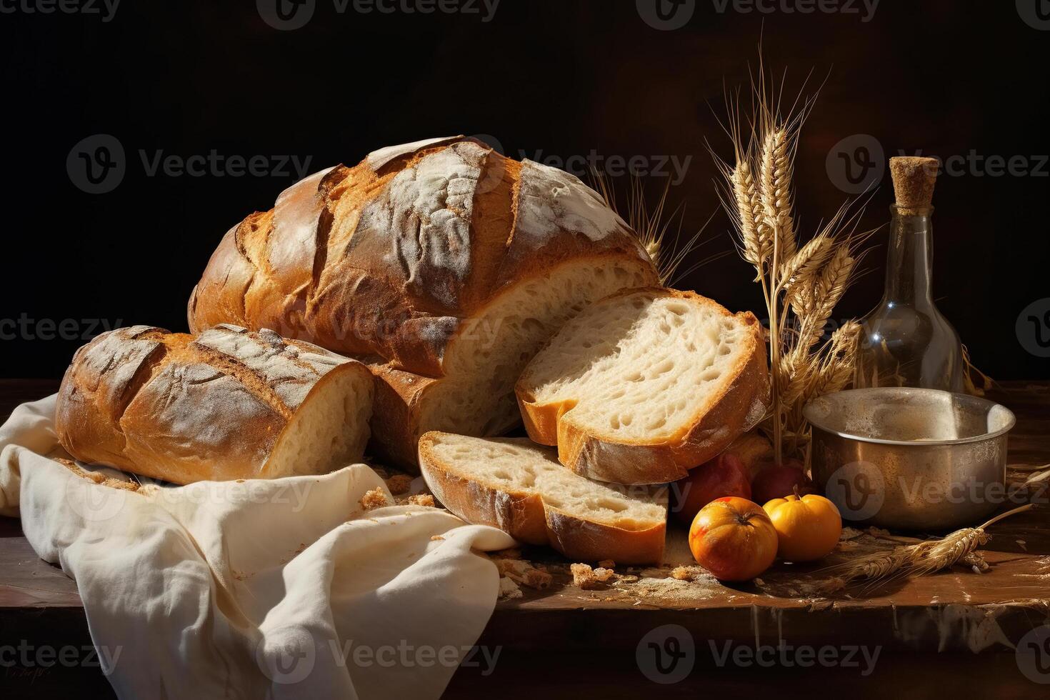 ai generado comida todavía vida recién horneado un pan en lino tela foto