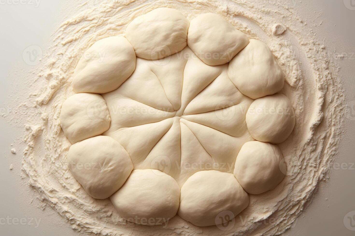 AI generated Dough on flour, top view pie preparation photo
