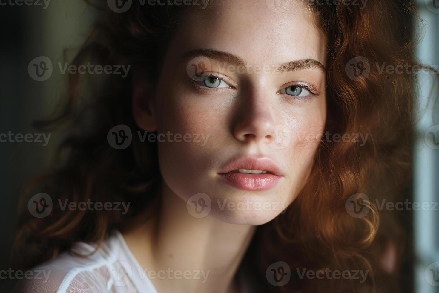 AI generated Headshot portrait of a sensual pretty young woman model with red curly hair standing indoors by window and looking at camera photo