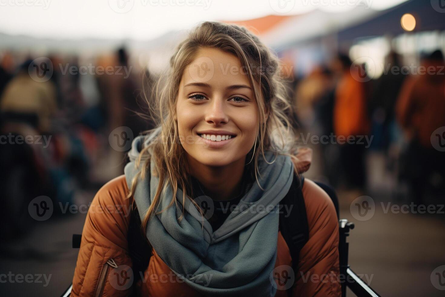 AI generated Pretty positive young caucasian woman with disabilities sitting on wheelchair on street and looking at camera photo