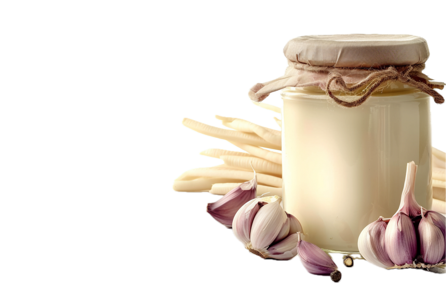 AI generated Garlic Aioli Sauce in Glass Jar with Garlic Bulbs png