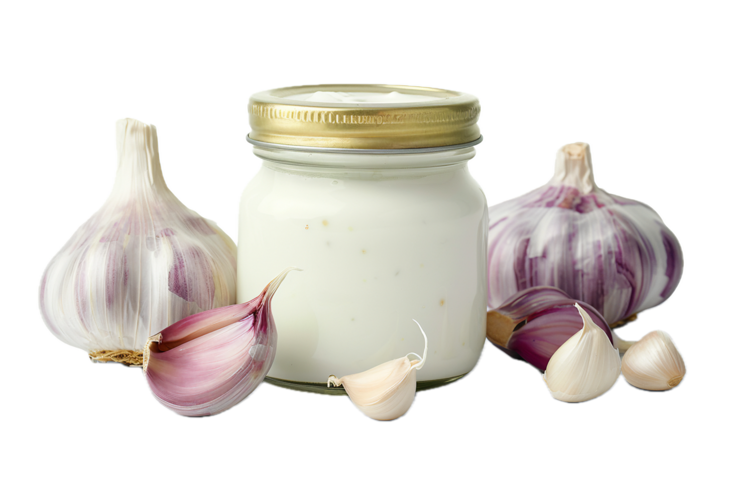 AI generated Garlic Aioli Sauce in Glass Jar with Garlic Bulbs png