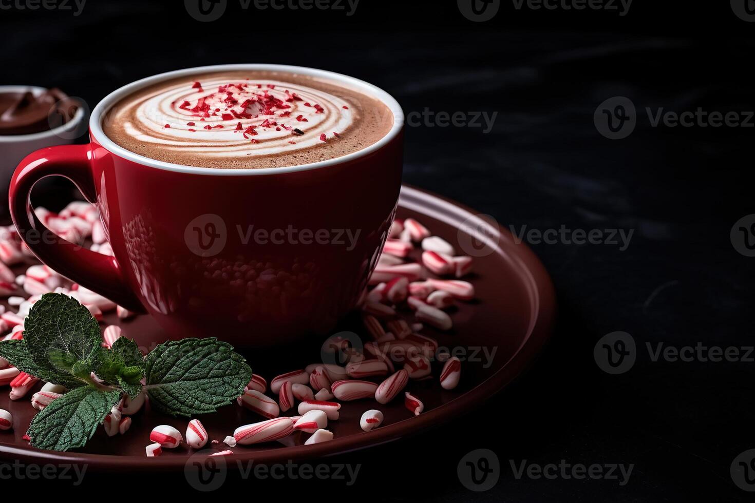 AI generated Peppermint mocha, close-up of mint seasonal drink of chocolate and coffee in a red mug photo