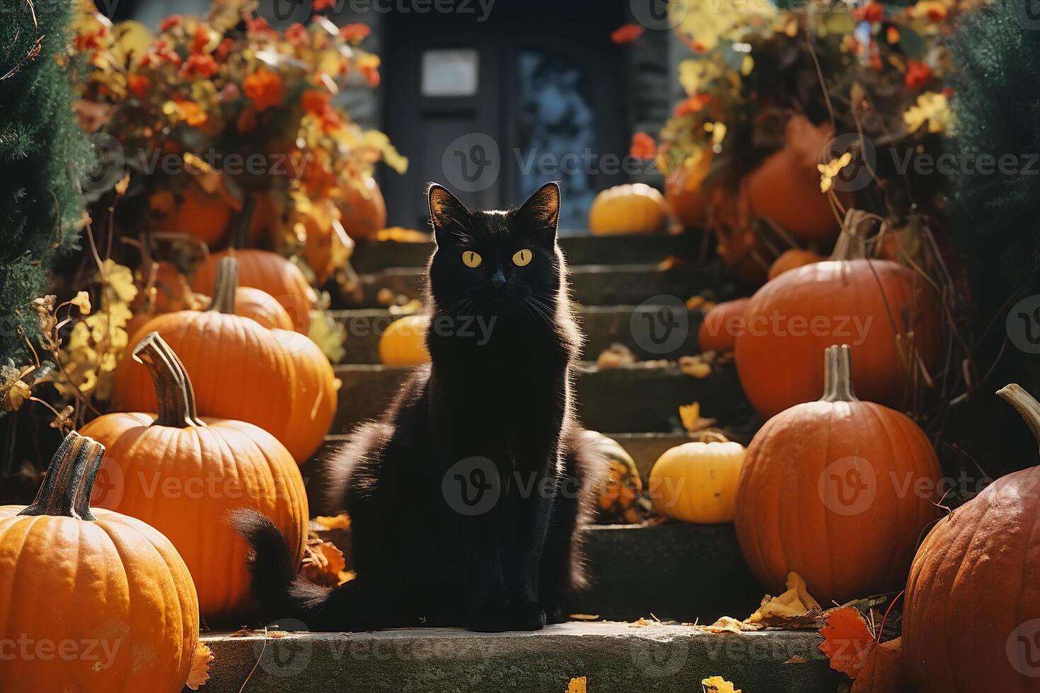 ai generado calma negro gato y naranja calabazas en pasos a Entrada de casa. siniestro mascota mirando a cámara en otoño día foto