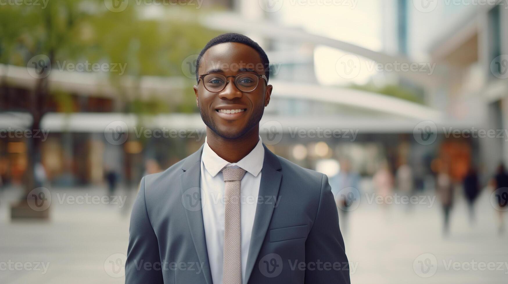 AI generated Cheerful smiling young smart man in a business suit and glasses standing in city center looking at camera, outdoors photo