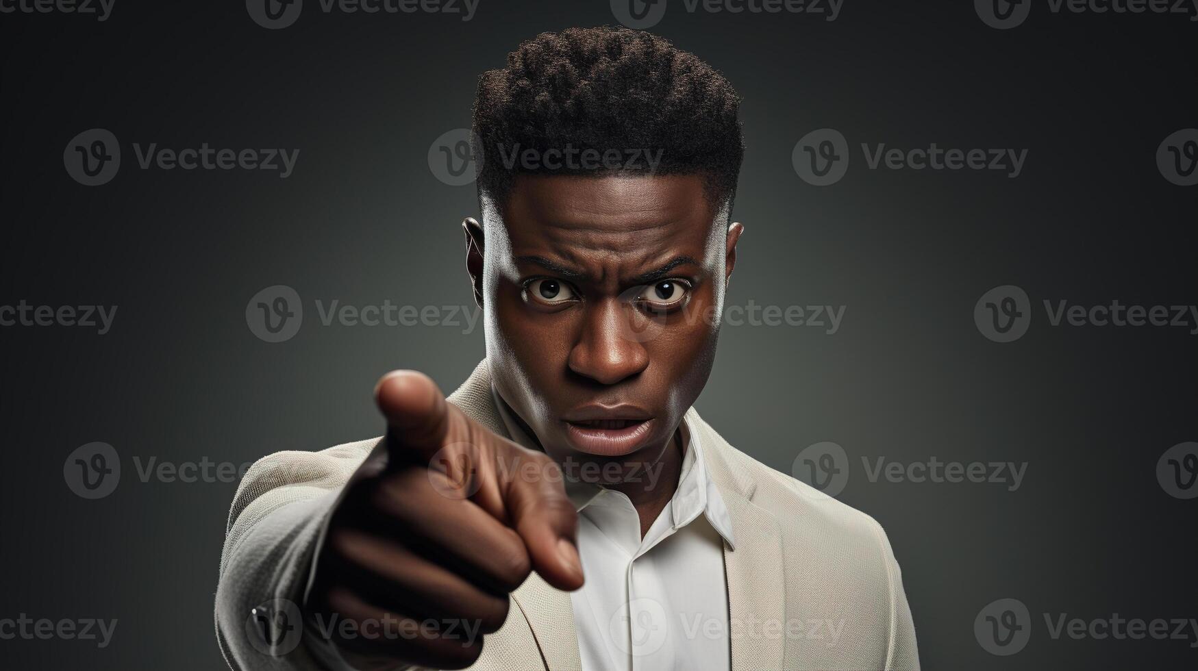 AI generated Indignant strict afro american man in a white suit emotionally pointing his finger while standing on a dark background photo