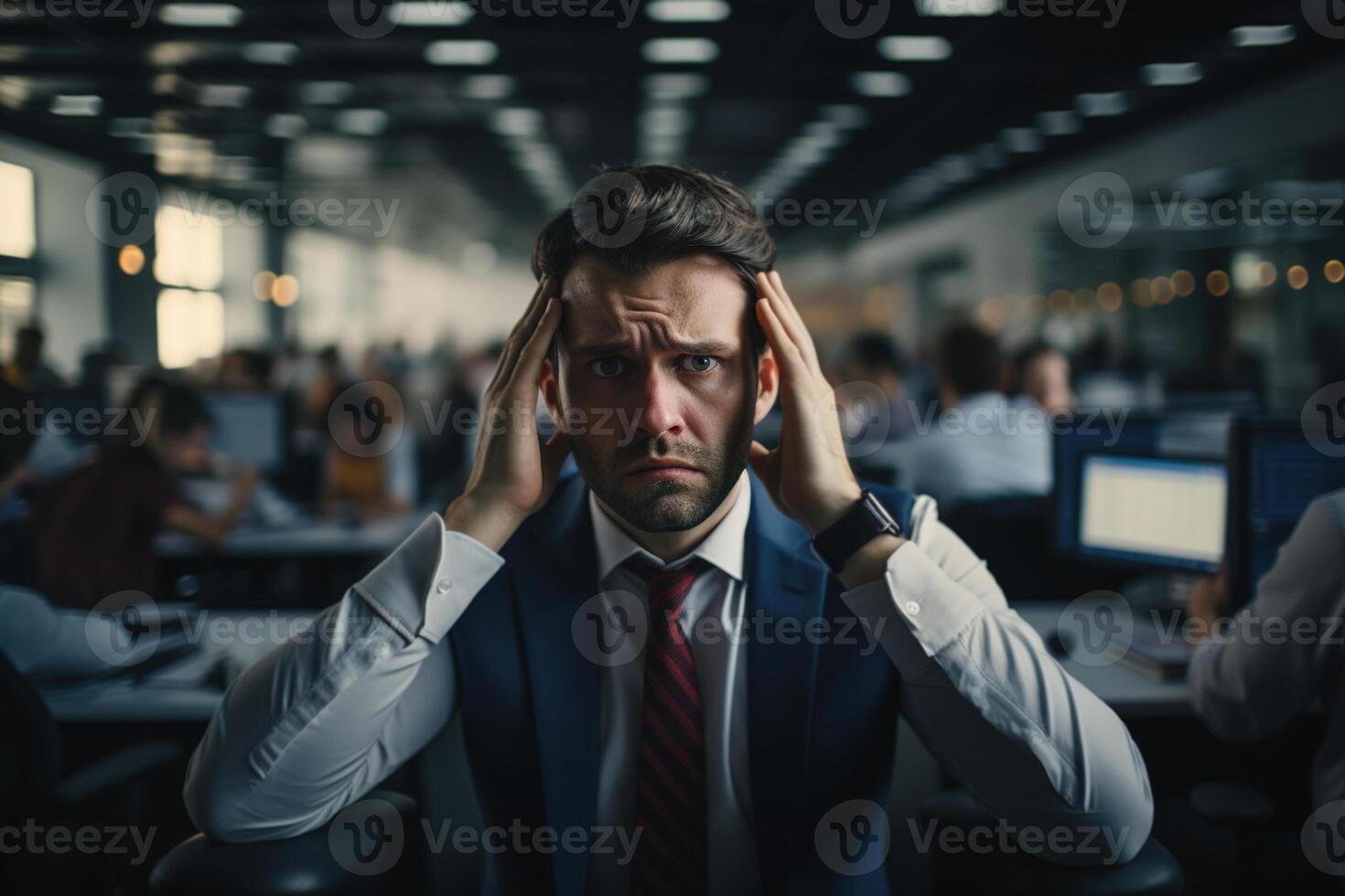 AI generated Upset dazed office worker suffering from headache sitting at workplace. Front view of a tired man holding his head in office photo