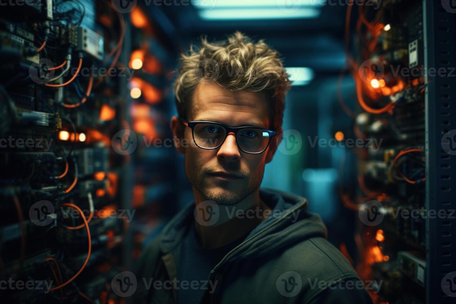 AI generated Programmer young smart male engineer specialist in glasses standing in a high-tech server room and looking at camera. Technology, database, programming photo