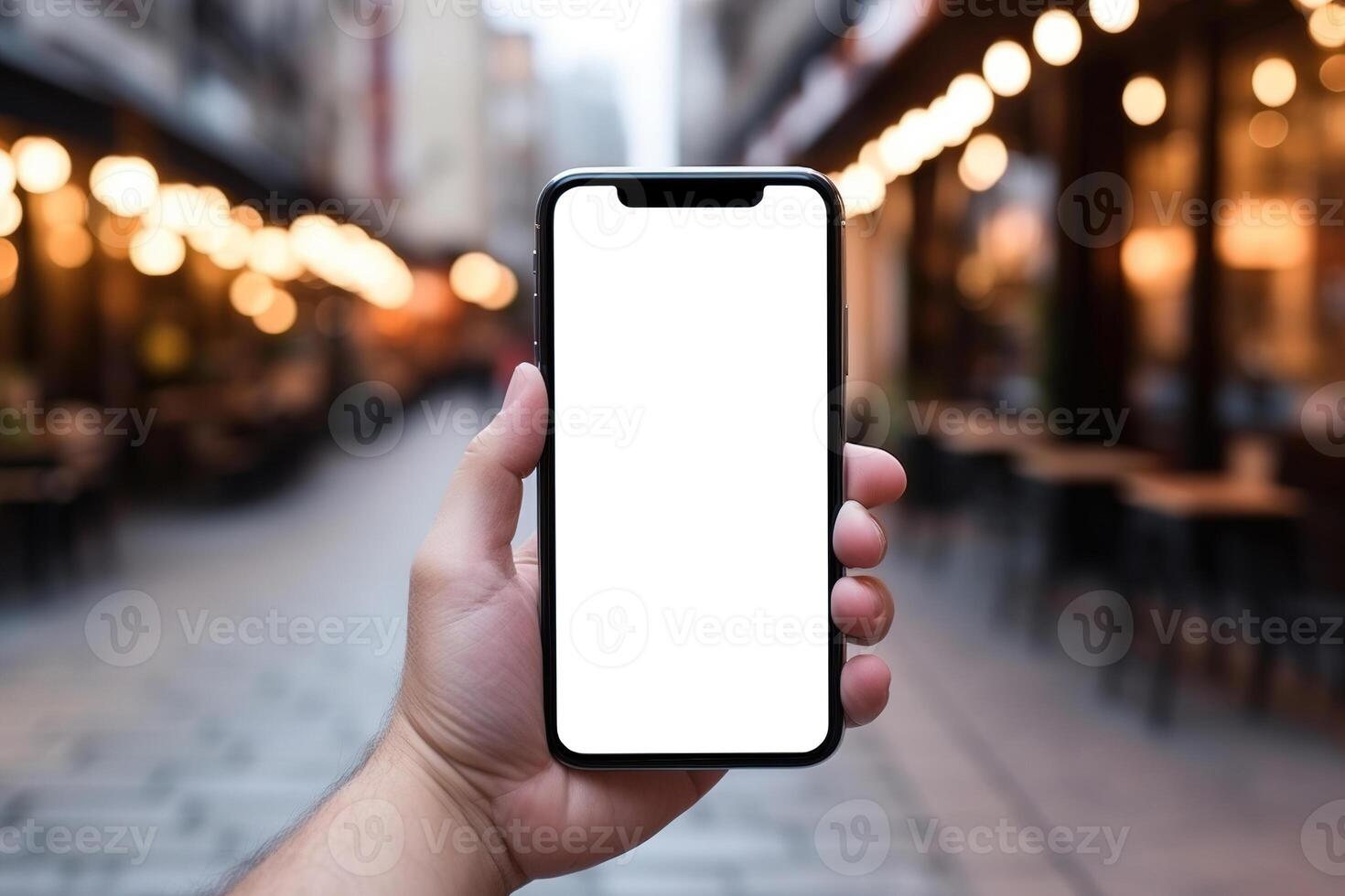 AI generated Smartphone mockup city street, close-up of Caucasian male hand holding mobile phone with white blank screen outdoors photo