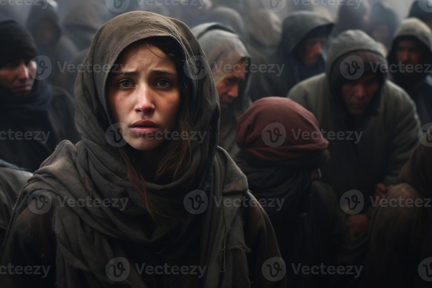 ai generado multitud de refugiados, triste Deprimido mujer en un Pañuelo en un grupo de Vagabundo migrantes personas foto