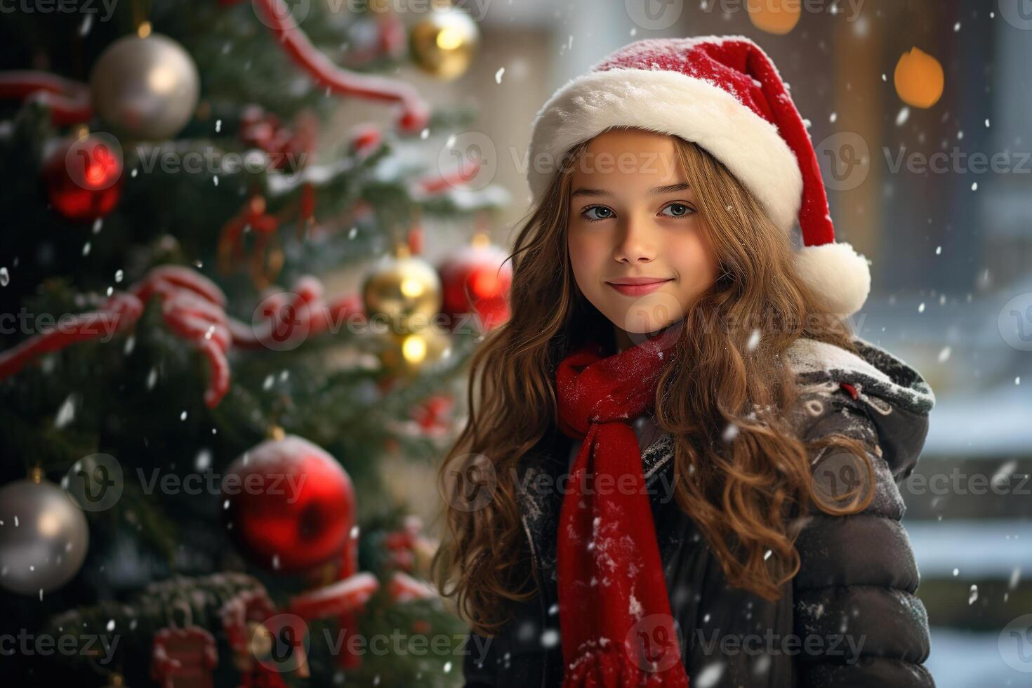AI generated Caucasian cute girl in festive red hat on background of decorated Christmas tree outdoors on winter day, happy new year photo